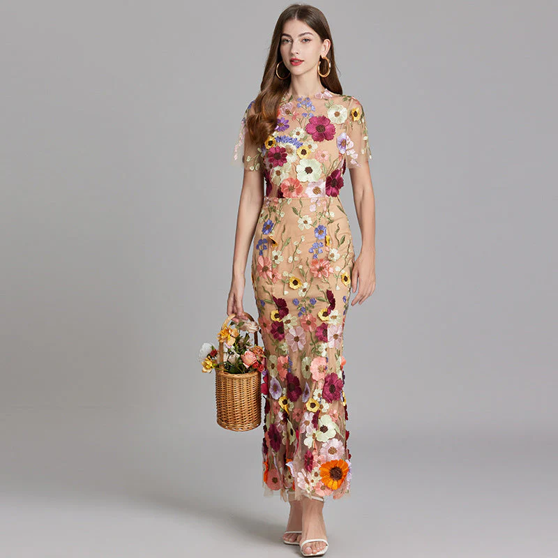Women's Summer Short Sleeve Sheer Dress with Floral Embroidered - Image 6
