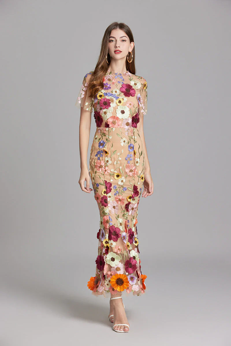 Women's Summer Short Sleeve Sheer Dress with Floral Embroidered - Image 7