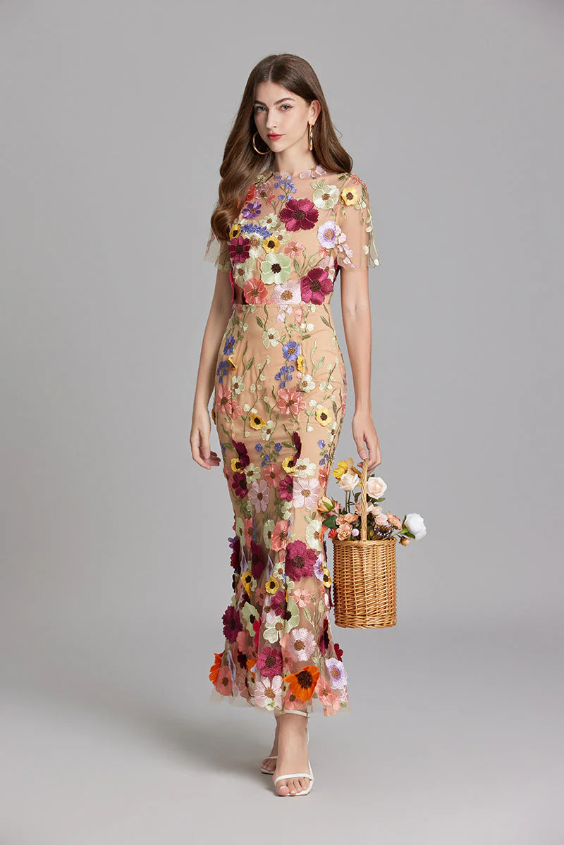 Women's Summer Short Sleeve Sheer Dress with Floral Embroidered - Image 8