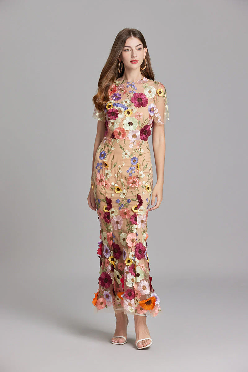 Women's Summer Short Sleeve Sheer Dress with Floral Embroidered - Image 9