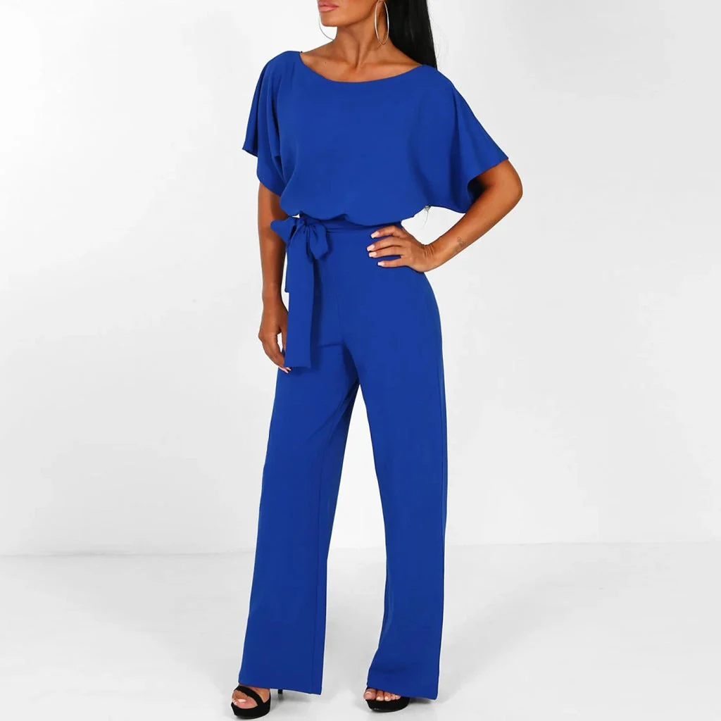 Women's Summer Short Sleeves Jumpsuit with Belt and Boat Neck - Image 3