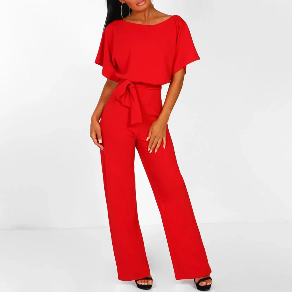 Women's Summer Short Sleeves Jumpsuit with Belt and Boat Neck - Image 5