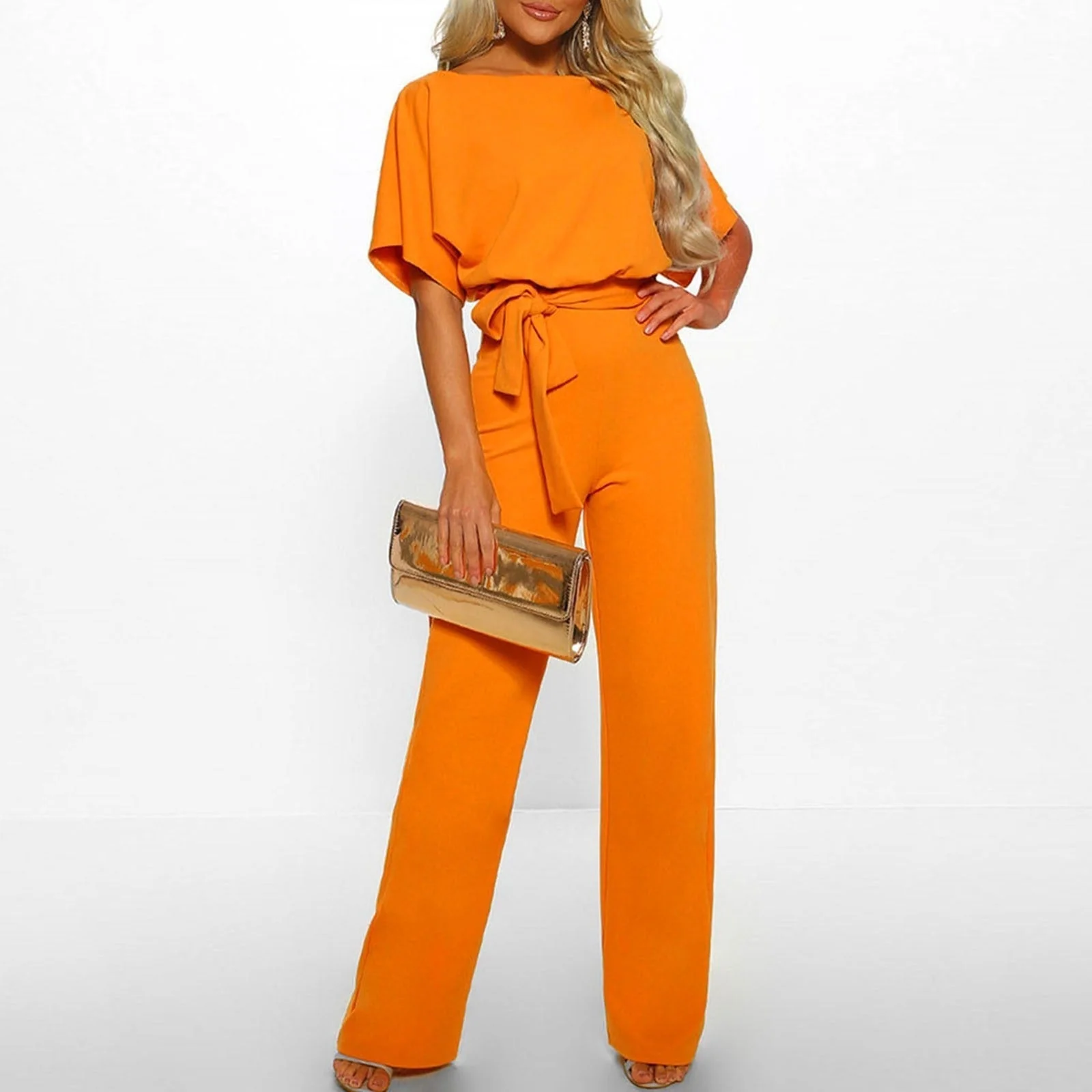 Women's Summer Short Sleeves Jumpsuit with Belt and Boat Neck - Image 6