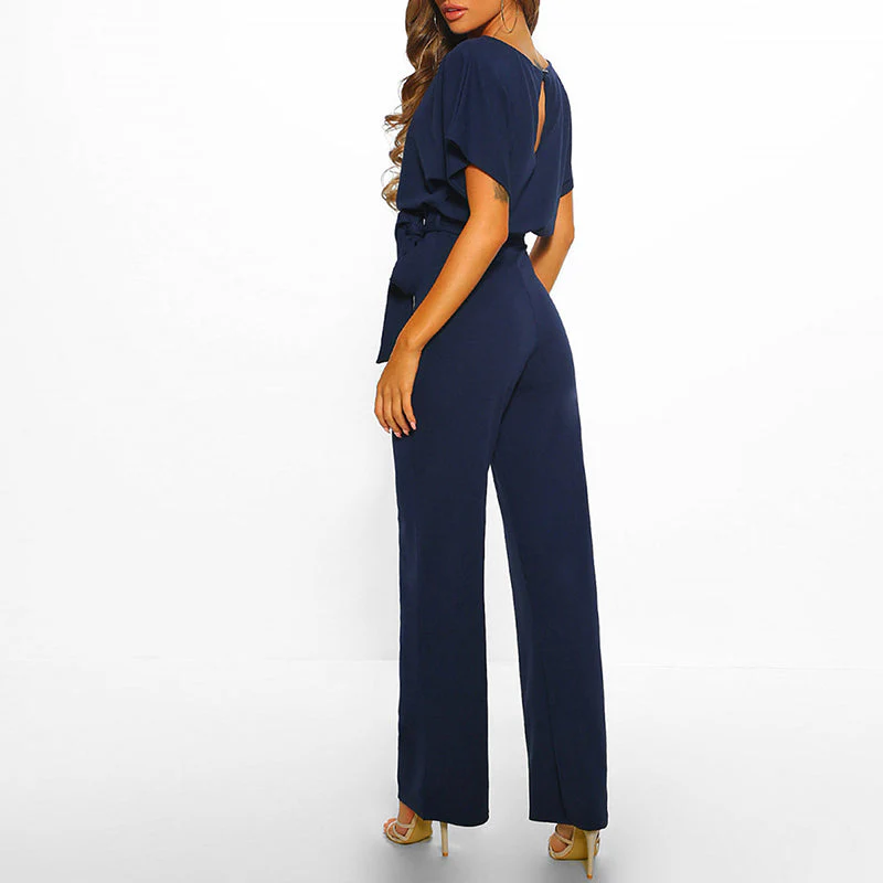 Women's Summer Short Sleeves Jumpsuit with Belt and Boat Neck - Image 7