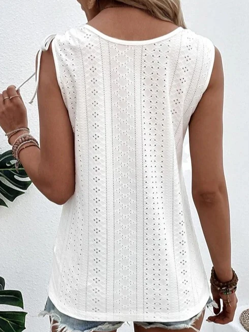 Women's Summer Sleeveless Eyelet Blouse with Buttons and Drawstring - Image 3