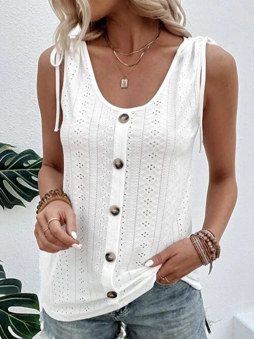 Women's Summer Sleeveless Eyelet Blouse with Buttons and Drawstring - Image 4