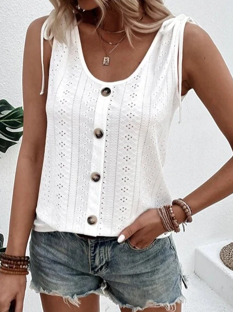 Women's Summer Sleeveless Eyelet Blouse with Buttons and Drawstring - Image 5