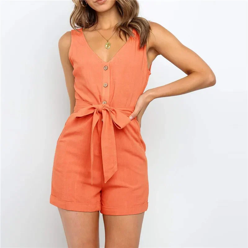 Women's Summer Sleeveless Romper with Belt and Buttons - Image 3