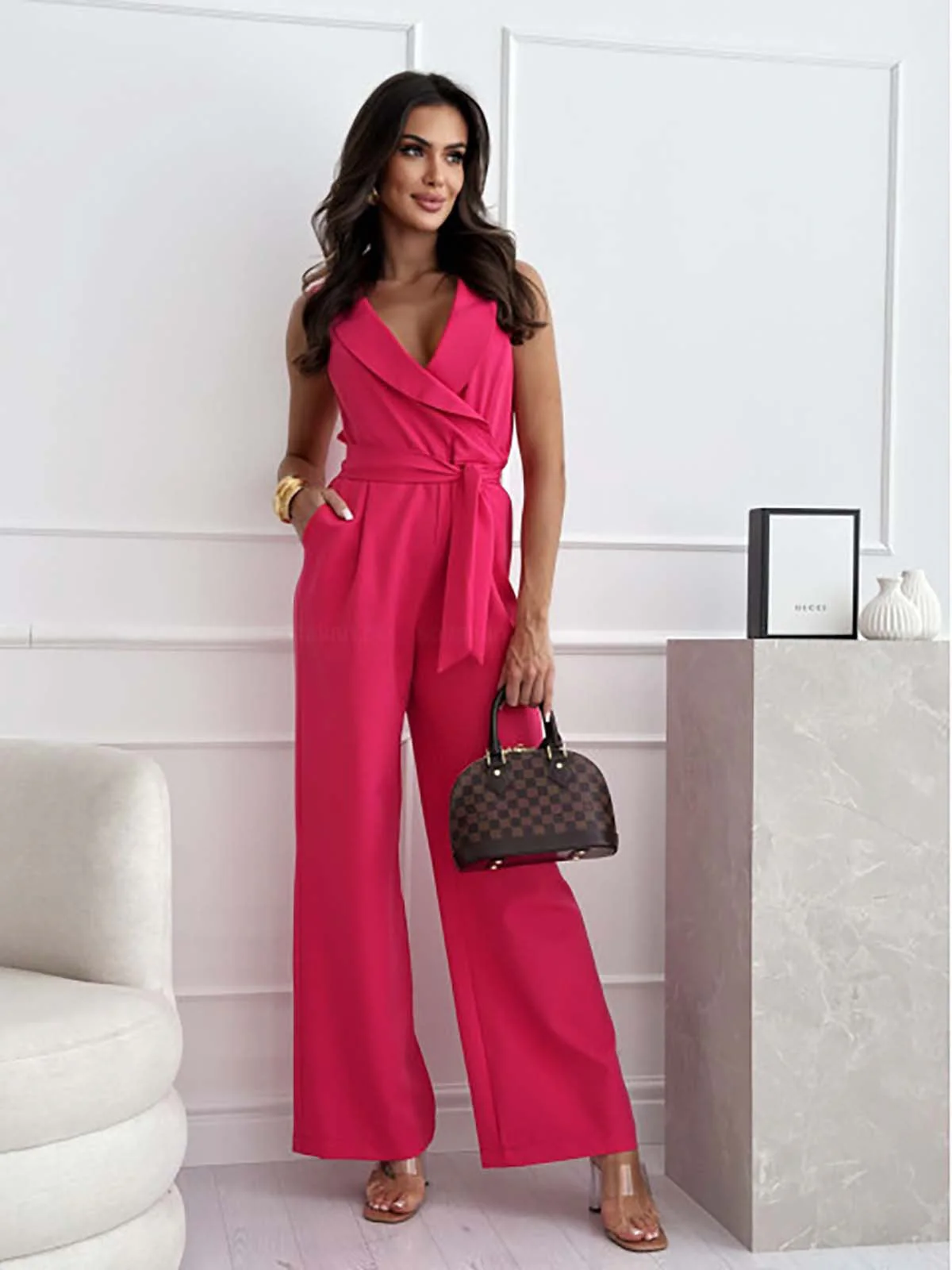 Women's Summer Sleeveless Wrap Jumpsuit with V-neck and Belt - Image 7