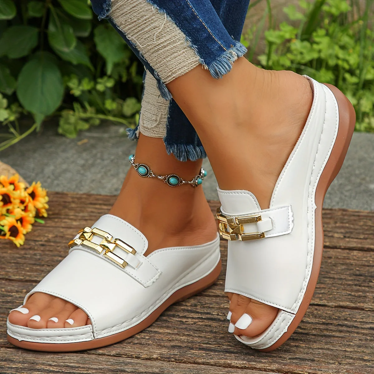 Women's Summer Slip-On Sandals with Gold Chain Detail and Open Toe - Image 2