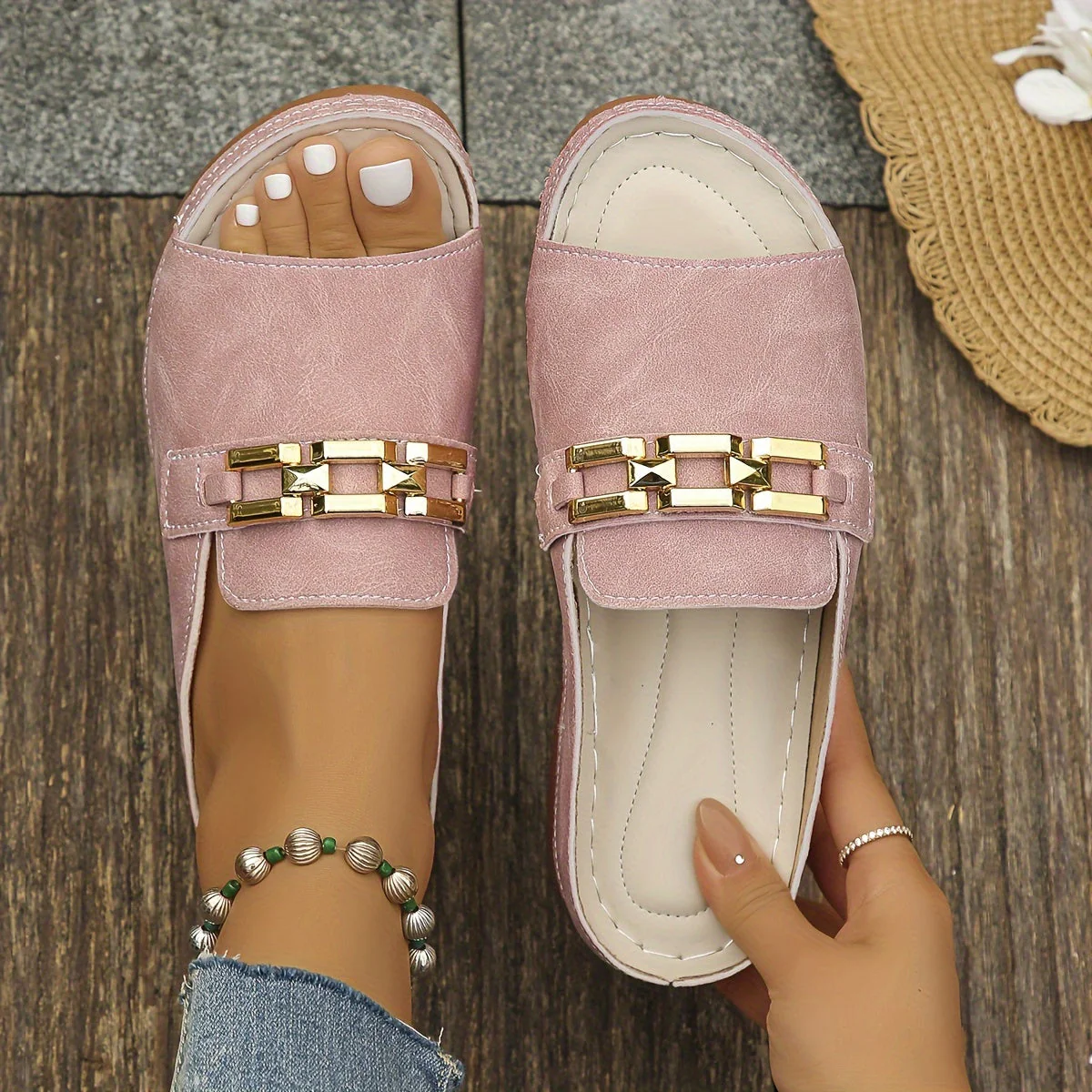 Women's Summer Slip-On Sandals with Gold Chain Detail and Open Toe - Image 3