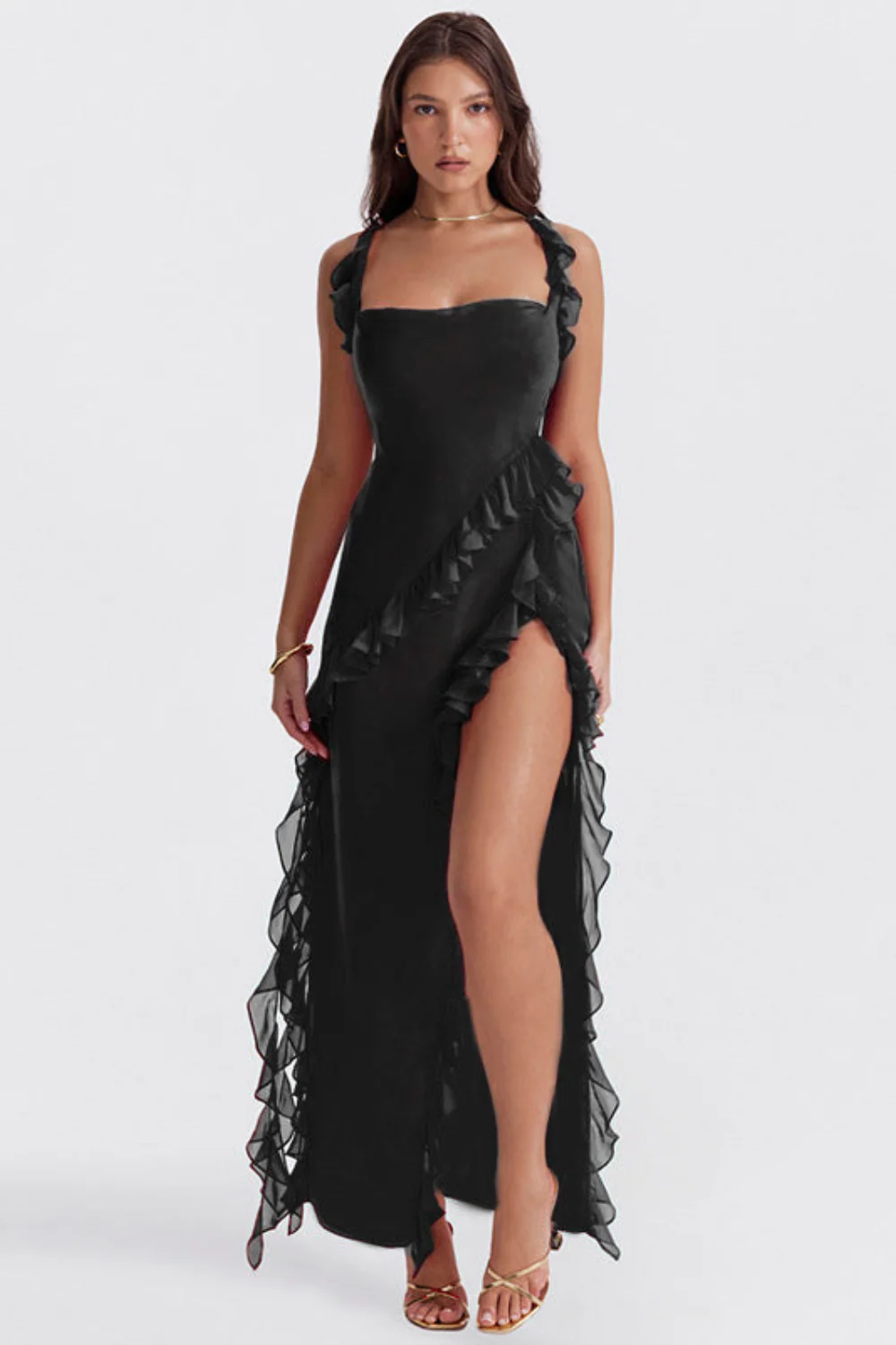 Women's Summer Slit Dress with Sleeveless and Asymmetric Ruffles