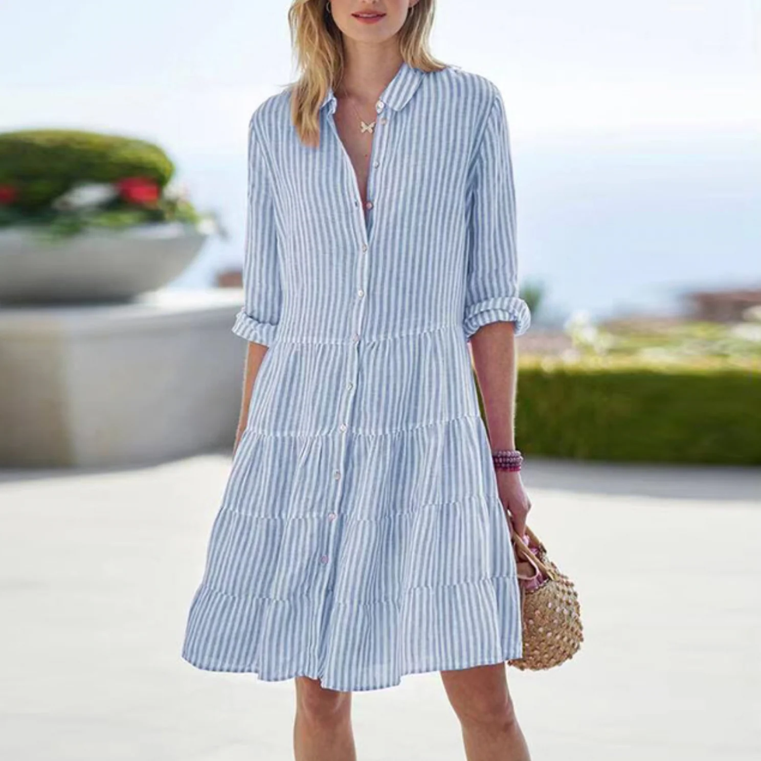 Women's Summer Stripe Mini Dress with Folded Sleeves and Buttons - Image 2