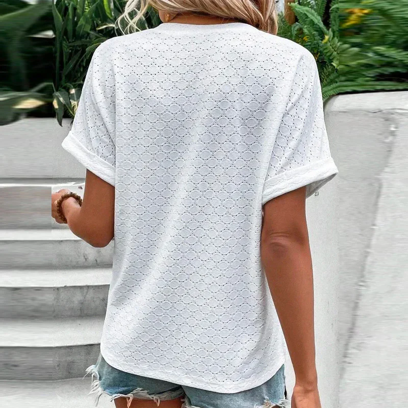 Women's Summer Textured Blouse with V-neck and Two-Buttons - Image 3