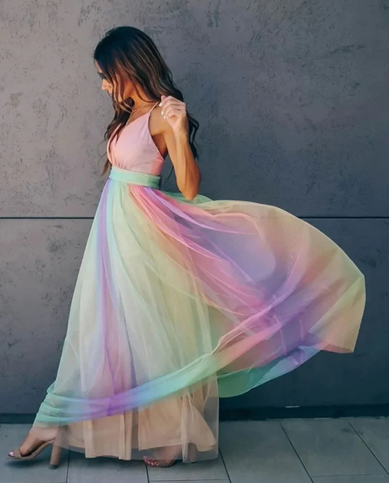Women's Summer Tulle Maxi Dress with V-Neck and Multicolour Style - Image 2