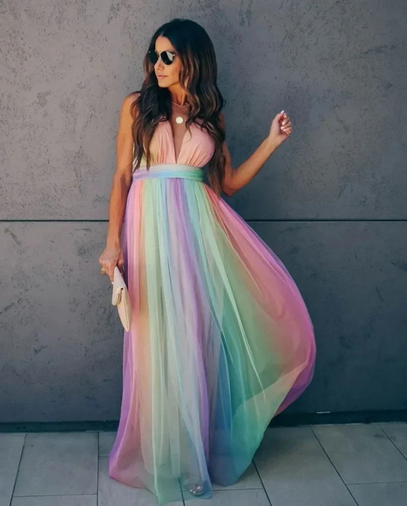 Women's Summer Tulle Maxi Dress with V-Neck and Multicolour Style - Image 3
