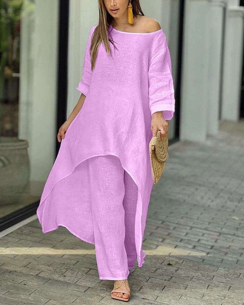 Women's Summer Two-Piece Set with Asymmetrical Long Top With Wide-Leg Pants - Image 3