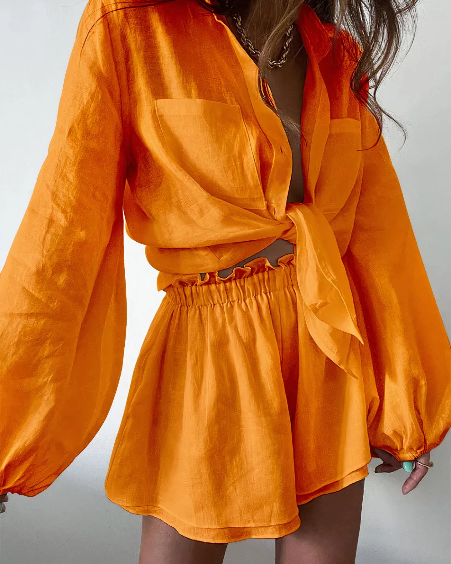 Women's Summer Two Piece Set with with Long Sleeve Tie-Front Shirt and Elastic Shorts - Image 3