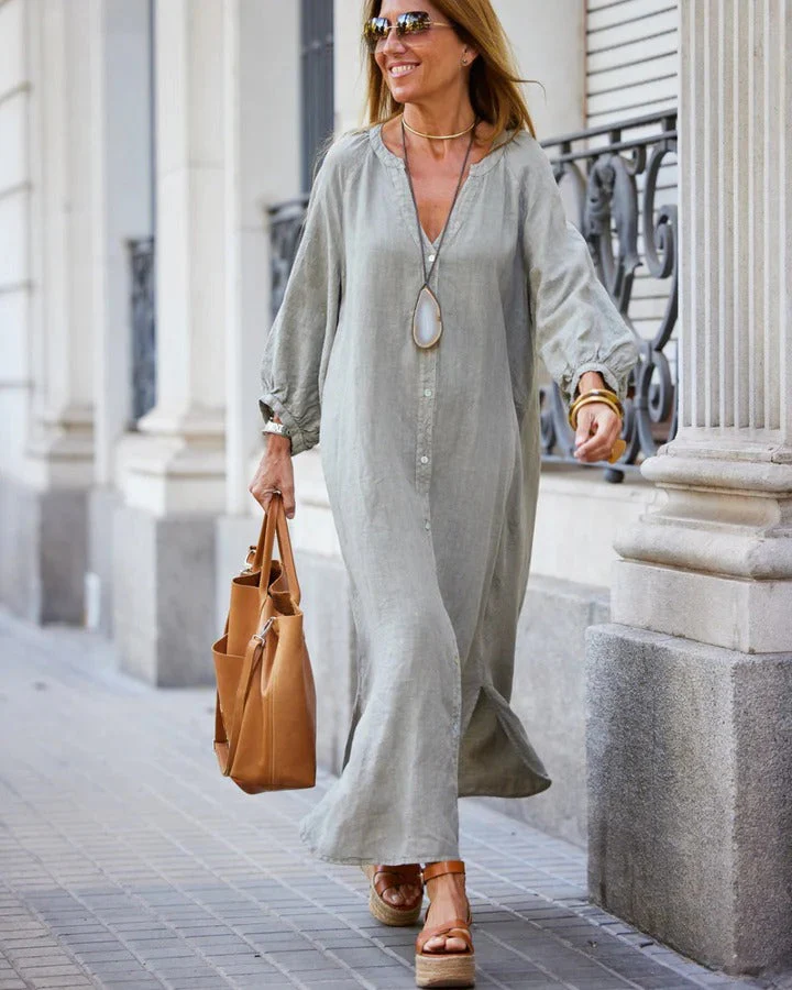 Women's Summer V-neck Maxi Dress with Puff Sleeves and Buttons - Image 3