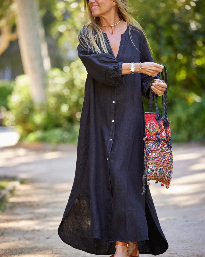 Women's Summer V-neck Maxi Dress with Puff Sleeves and Buttons - Image 5