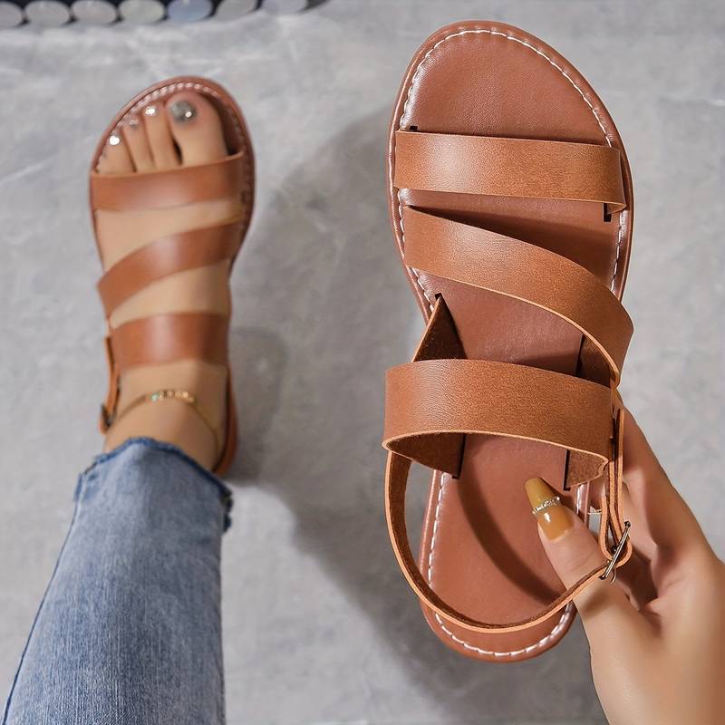Women's Summer Vegan Leather Flat Sandals with Three Straps Style - Image 4