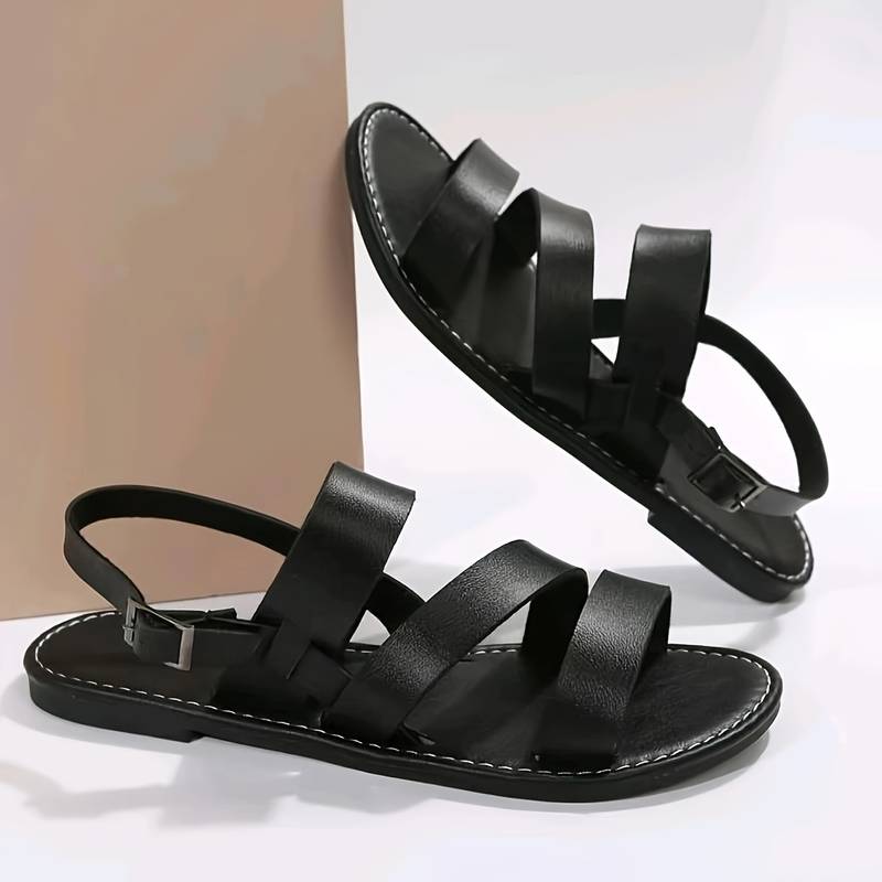 Women's Summer Vegan Leather Flat Sandals with Three Straps Style - Image 5