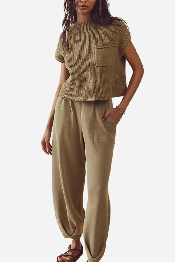 Women's Two Piece Set with Knitted Blouse and Pants - Image 2