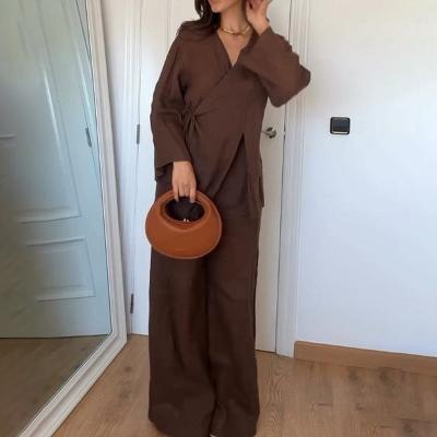 Women's Two Piece Set with Long Sleeve Wrap Top and Trouser - Image 2