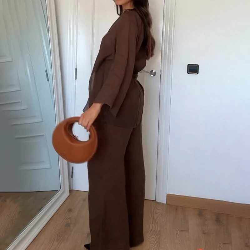 Women's Two Piece Set with Long Sleeve Wrap Top and Trouser - Image 4