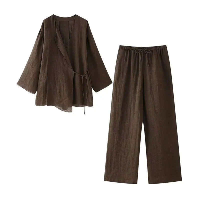 Women's Two Piece Set with Long Sleeve Wrap Top and Trouser - Image 5