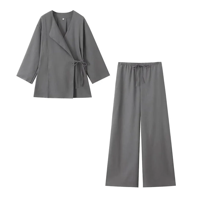 Women's Two Piece Set with Long Sleeve Wrap Top and Trouser - Image 6