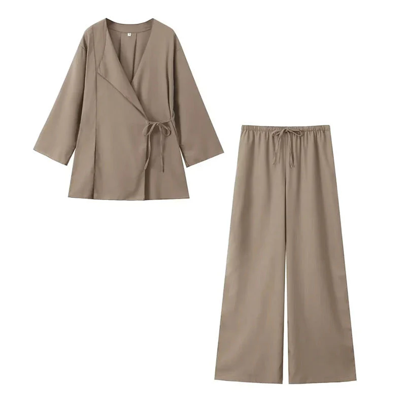 Women's Two Piece Set with Long Sleeve Wrap Top and Trouser - Image 7