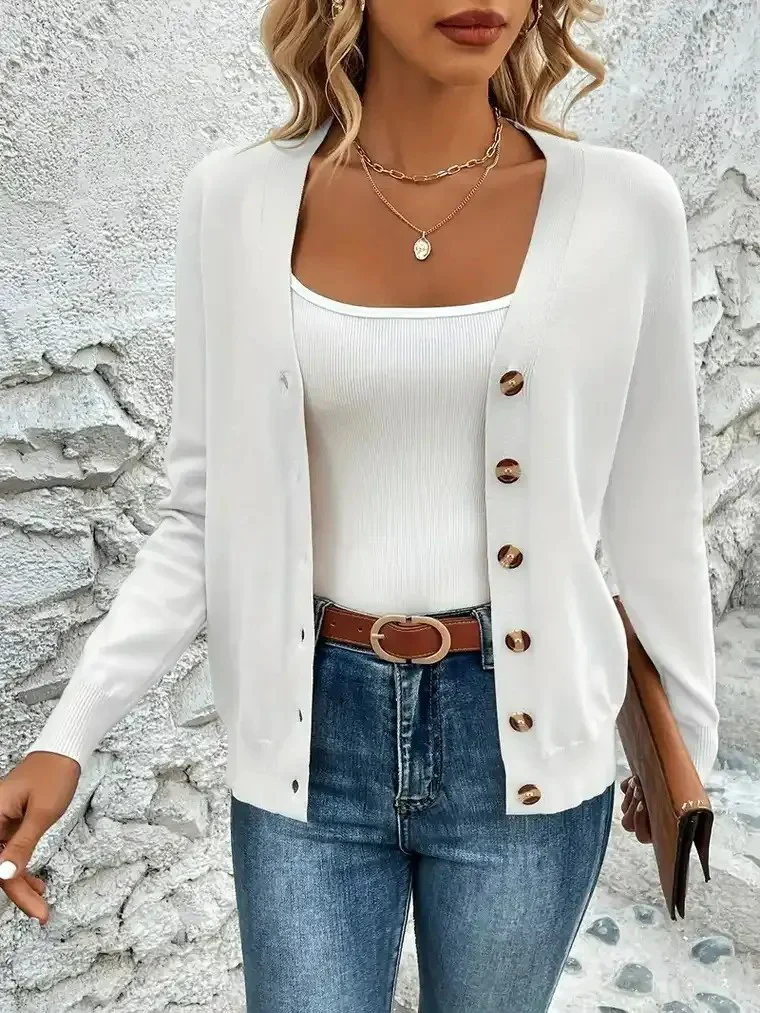 Women's V-Neck Cardigan with Button Closure - Image 2