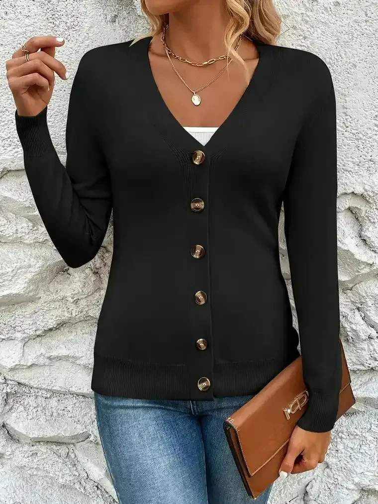 Women's V-Neck Cardigan with Button Closure - Image 3