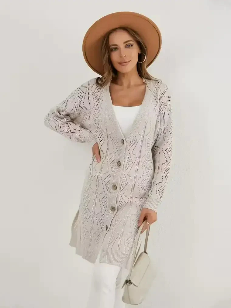 Women's V-neck Openwork Knit Cardigan - Image 2