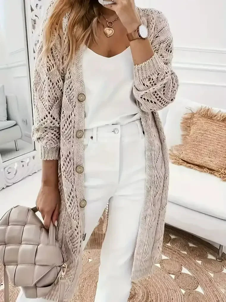 Women's V-neck Openwork Knit Cardigan - Image 3