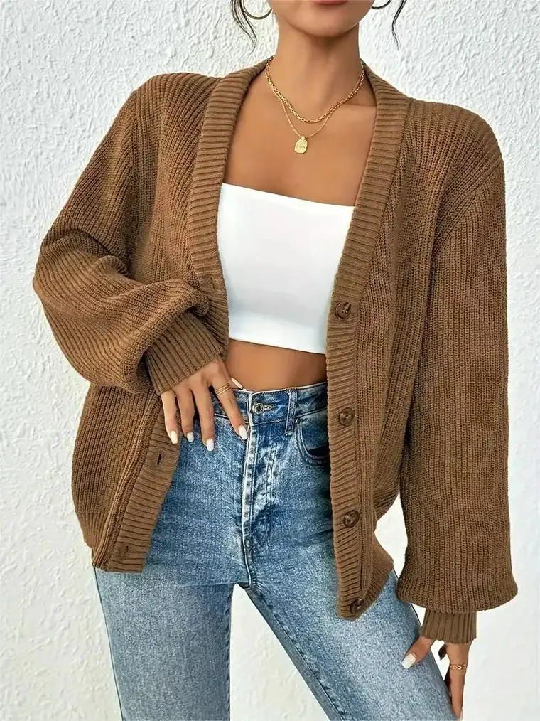 Women's  V-neck Ribbed Knit Cardigan with Balloon Sleeves