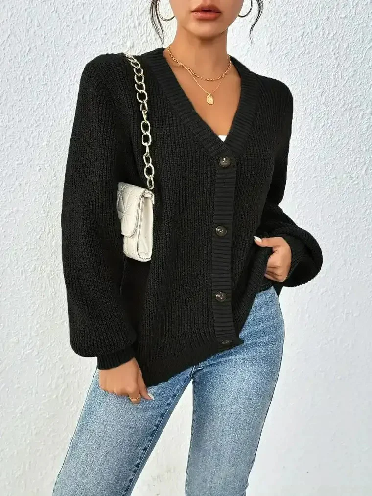 Women's  V-neck Ribbed Knit Cardigan with Balloon Sleeves - Image 2