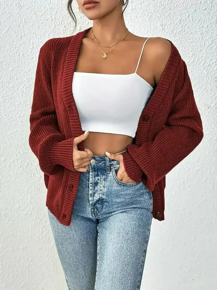 Women's  V-neck Ribbed Knit Cardigan with Balloon Sleeves - Image 4