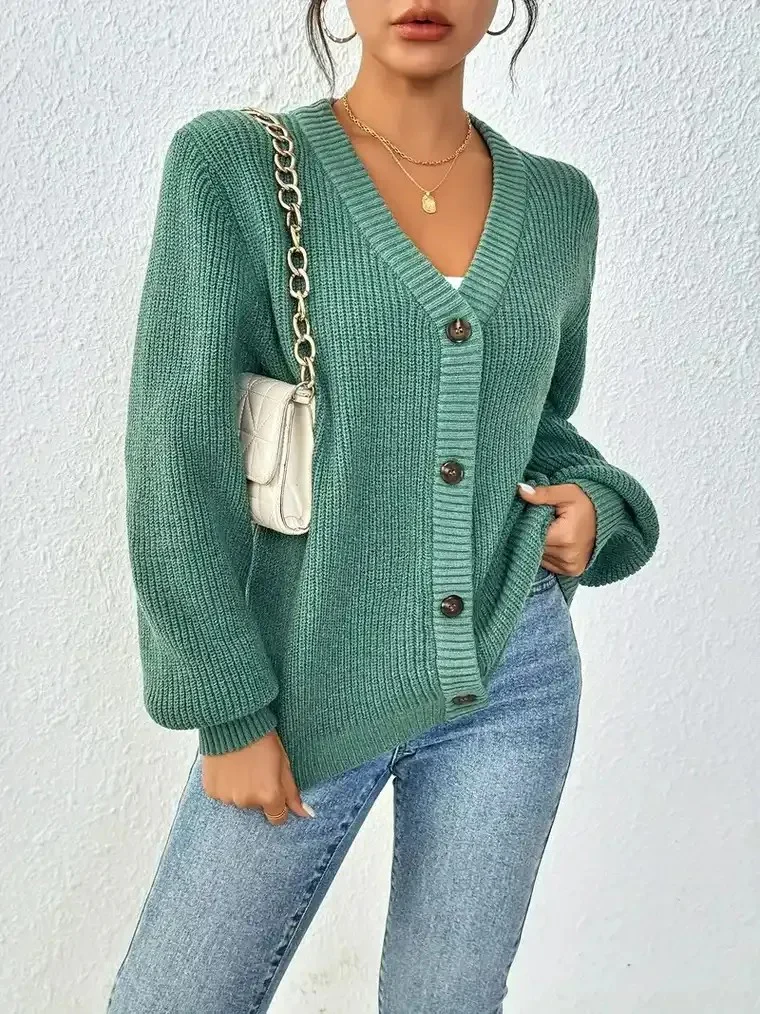 Women's  V-neck Ribbed Knit Cardigan with Balloon Sleeves - Image 5