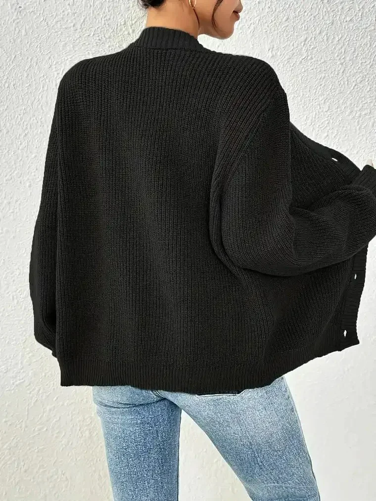 Women's  V-neck Ribbed Knit Cardigan with Balloon Sleeves - Image 6