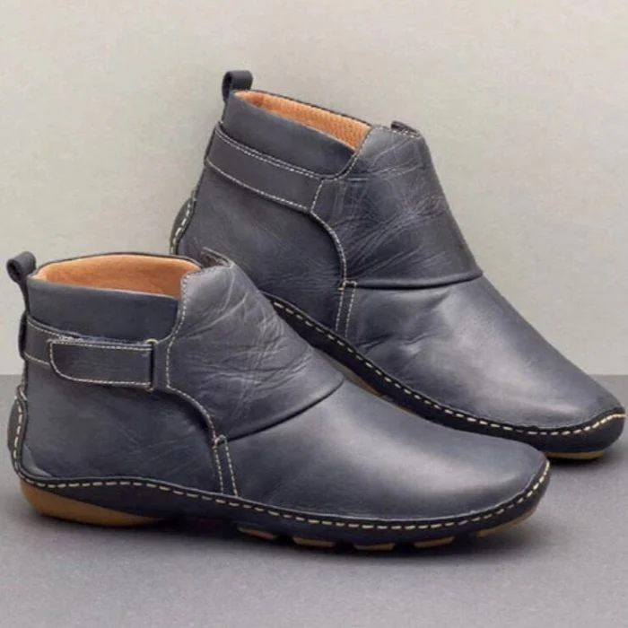 Women's Vegan Leather Ankle Boots with Side Strap and Stitch Detailing