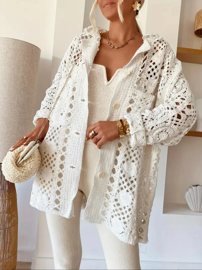 Women's White Crochet Open-Knit Cardigan - Image 2