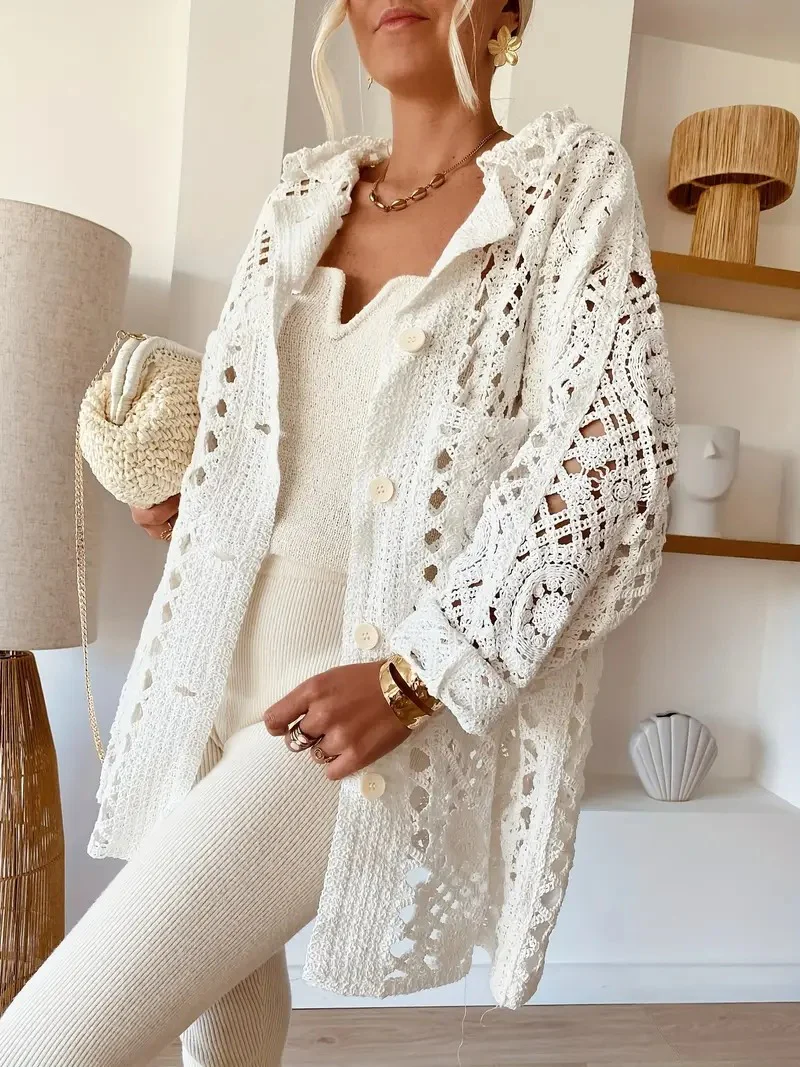 Women's White Crochet Open-Knit Cardigan - Image 3
